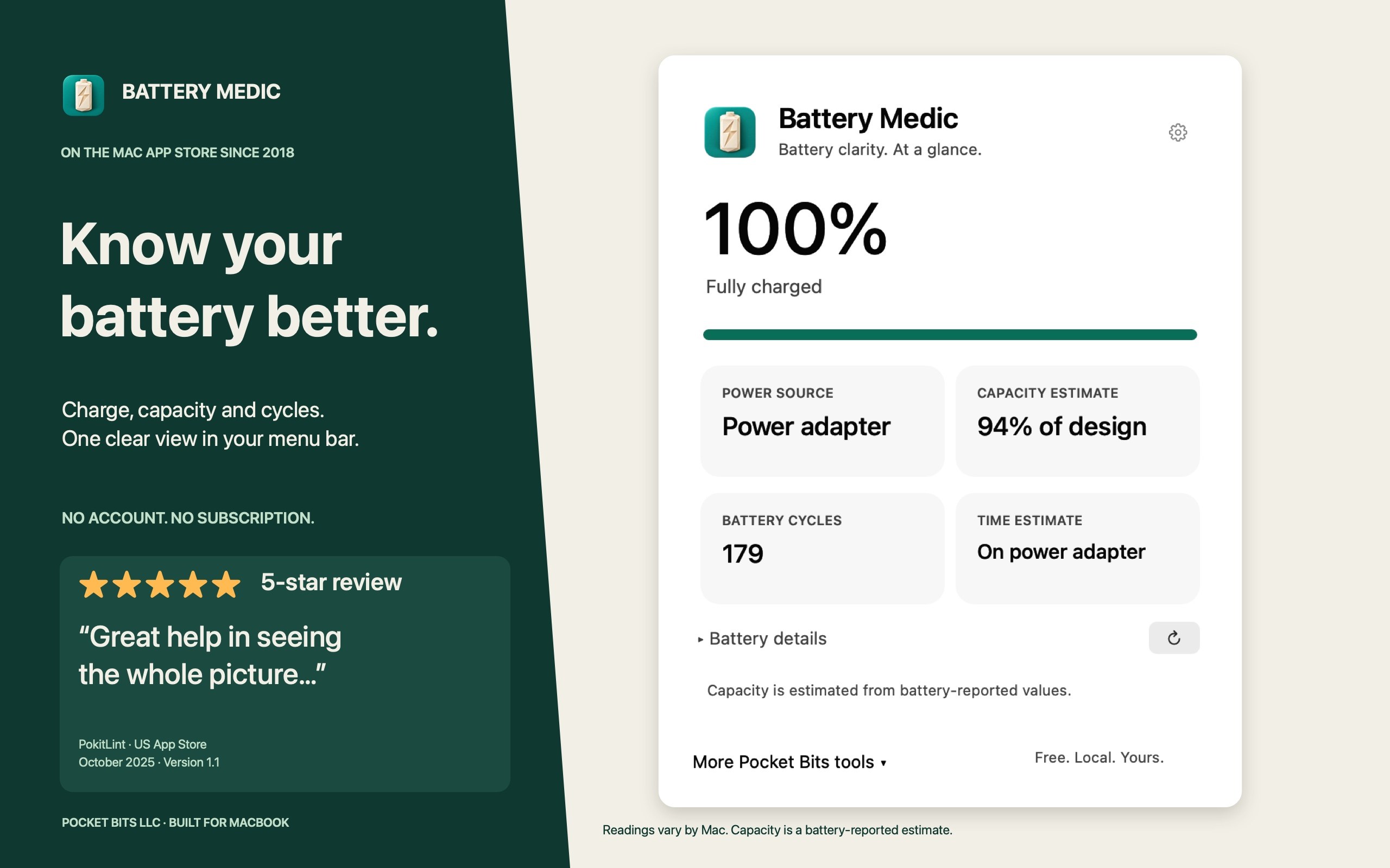 Battery Medic 1.2: charge, capacity estimates and cycle count.
